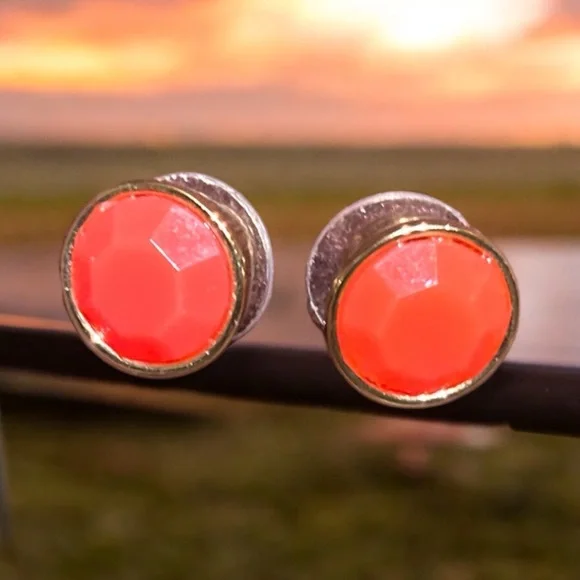 Orange/Gold Women's Solid Stud Earrings - Picture 3 of 11